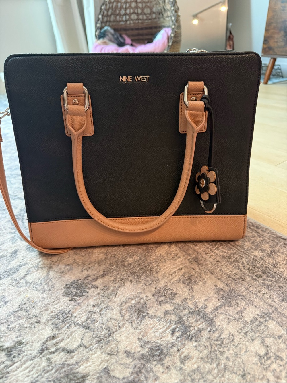 Nine West Black and Tan Two-Tone Structured Satchel with Flower Charm